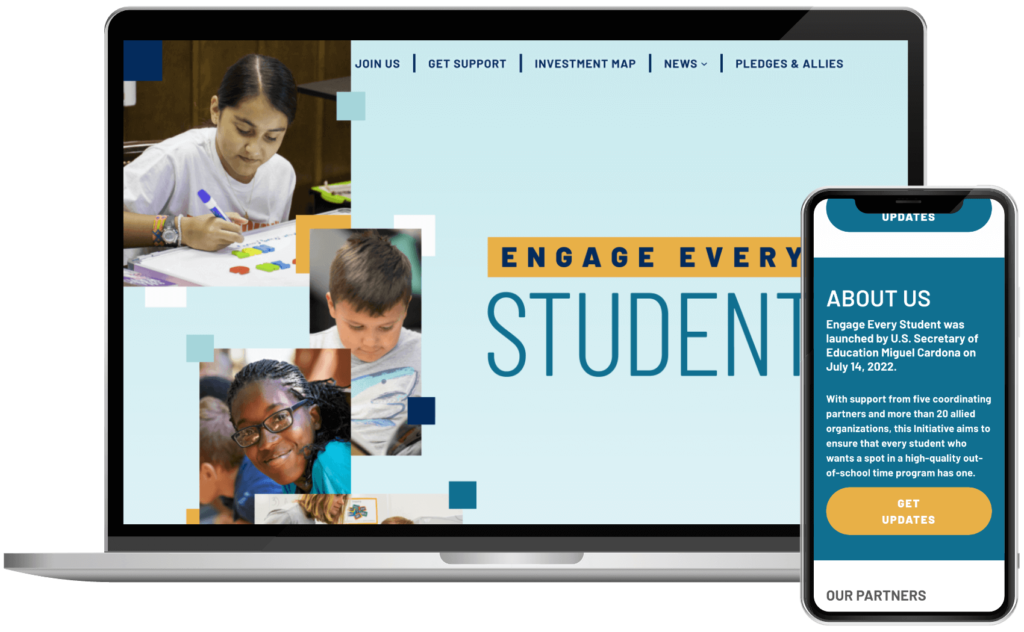 The top of the home page for the Engage Every Student website shown on a MacBook and the home page scrolled down a bit shown on an iPhone.