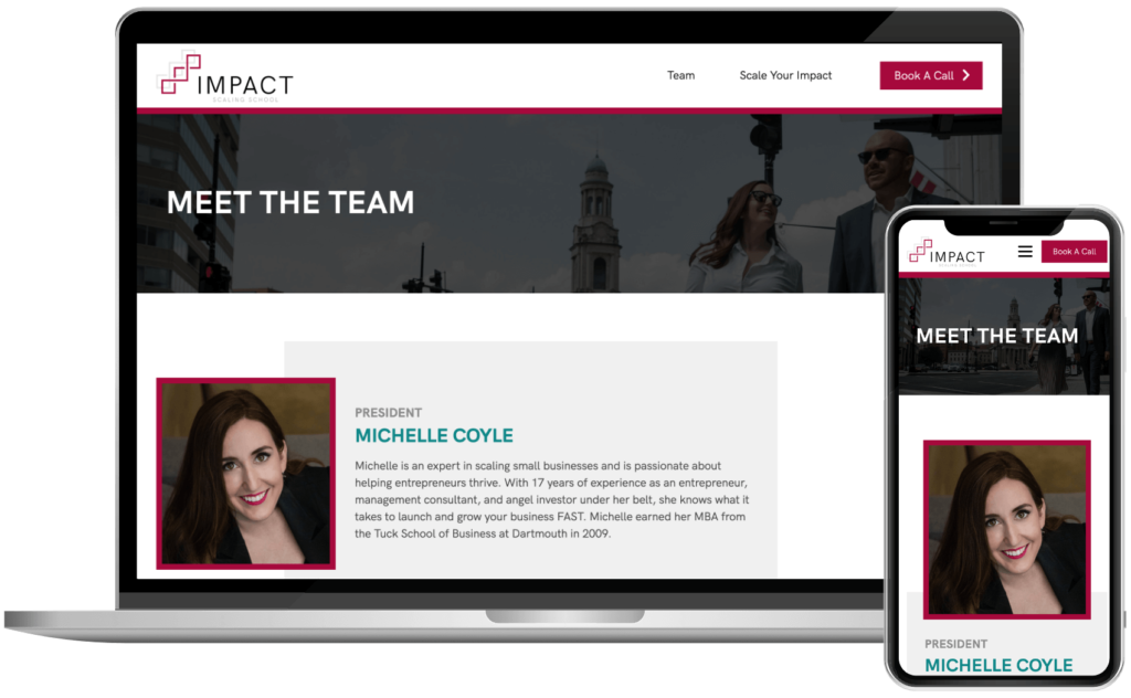 The top of the team page for the Impact Scaling School website shown on a MacBook and the same section shown on an iPhone.