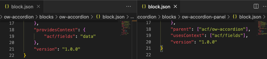 Screenshot of the location for the block.json additions.