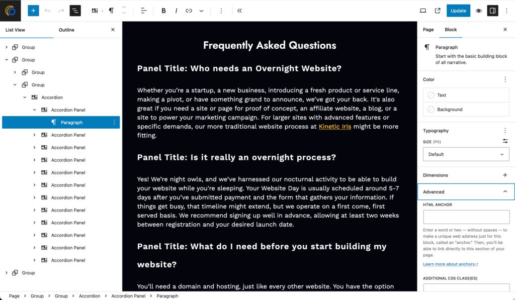 Screenshot of the accordion from the Overnight Website FAQ page in the WordPress admin showing the panel title and content in the block editor and the list of accordion panels in the block overview.