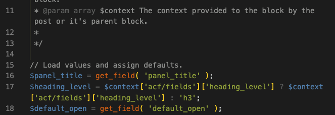 Screenshot of the child block.php file showing the comment mentioning the context variable and the new heading level variable.