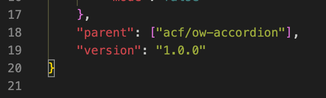 Line 18 of the block.json of the child block showing the definition of the parent.